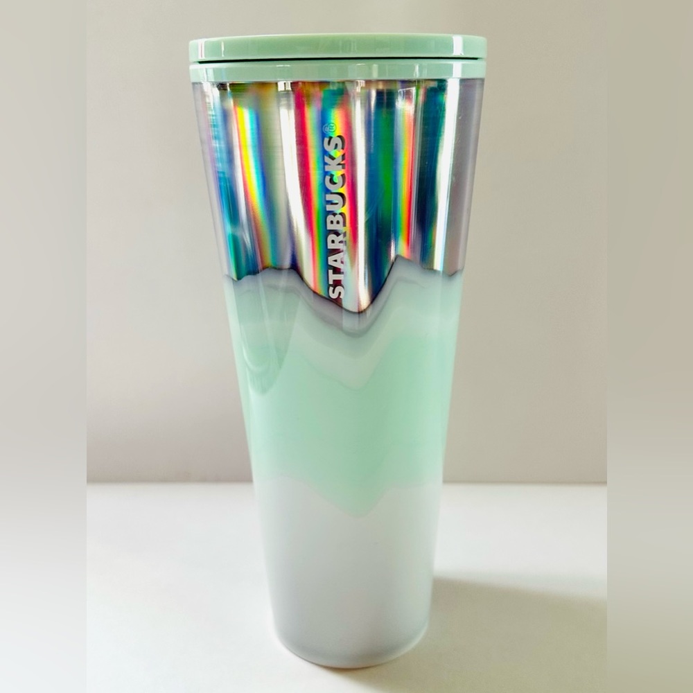 Starbucks Holiday Tumbler Iridescent Icy Mint White & Silver Wave 24oz NO STRAW